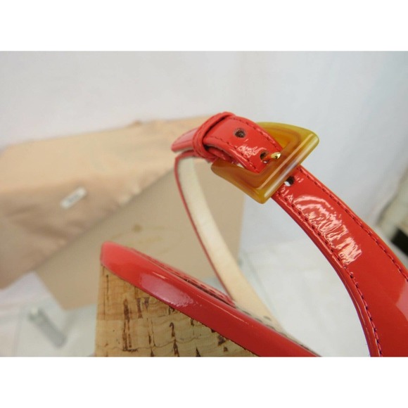 NIB PRADA 1Z648D CORAL PINK PATENT LEATHER SLINGBACK CORK SANDALS PUMPS 39.5 - Picture 6 of 12